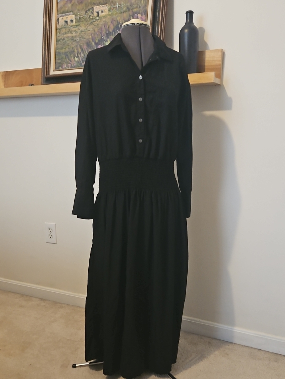 Black Collared Long Sleeve Maxi Dress with Smocked Waist